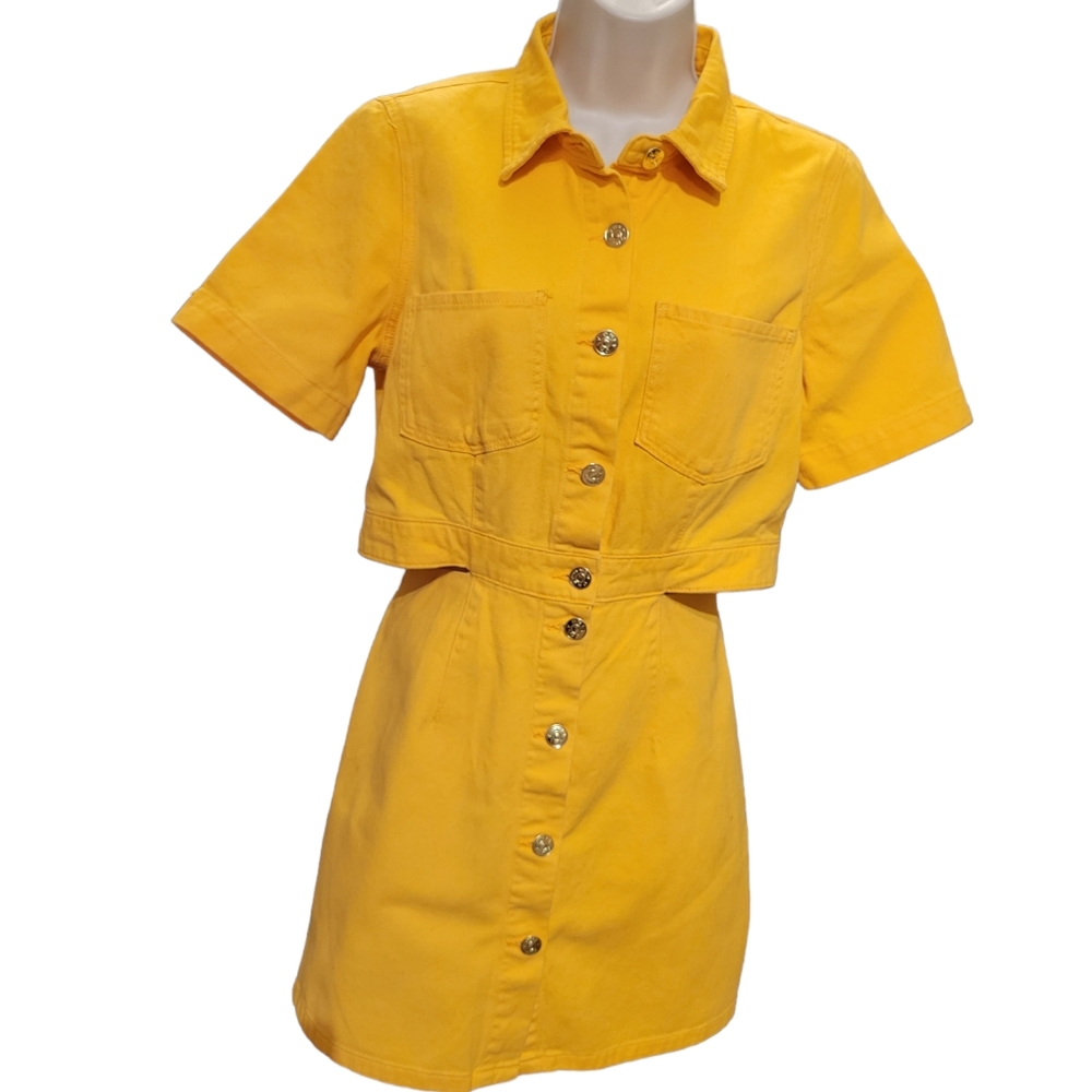 NWT Only Cut Out Dress M Denim Orange Closes with Metal Buttons in Front